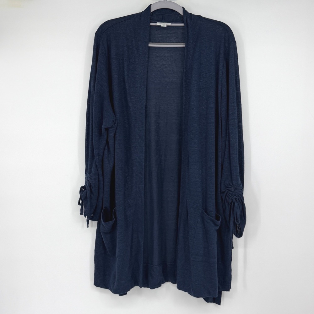 J Jill Love Linen Cardigan Womens Large Petite Navy Open Front Ruched Sleeve